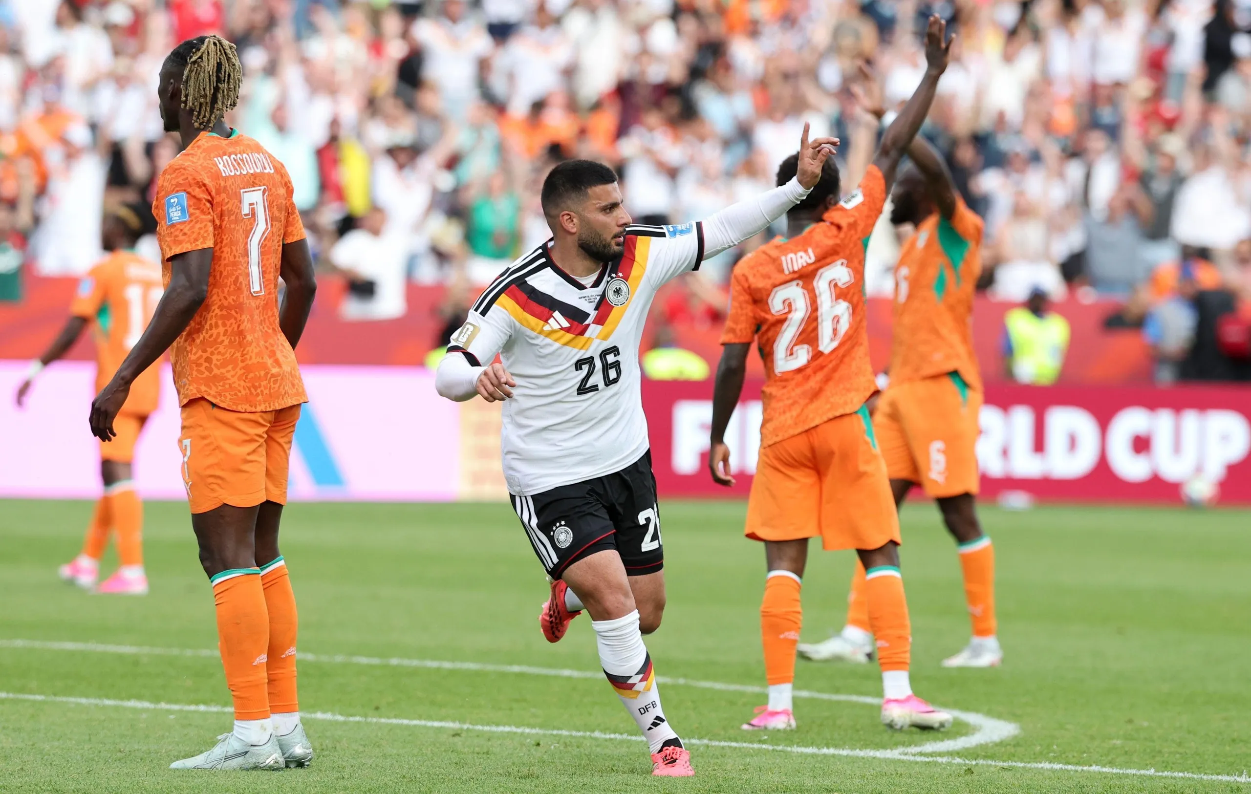Deniz Undav celebrates scoring during the group E match between Germany and Cote d’Ivoire.