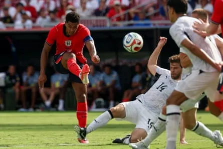 Jude Bellingham unleashes a shot during England’s win over New Zealand.