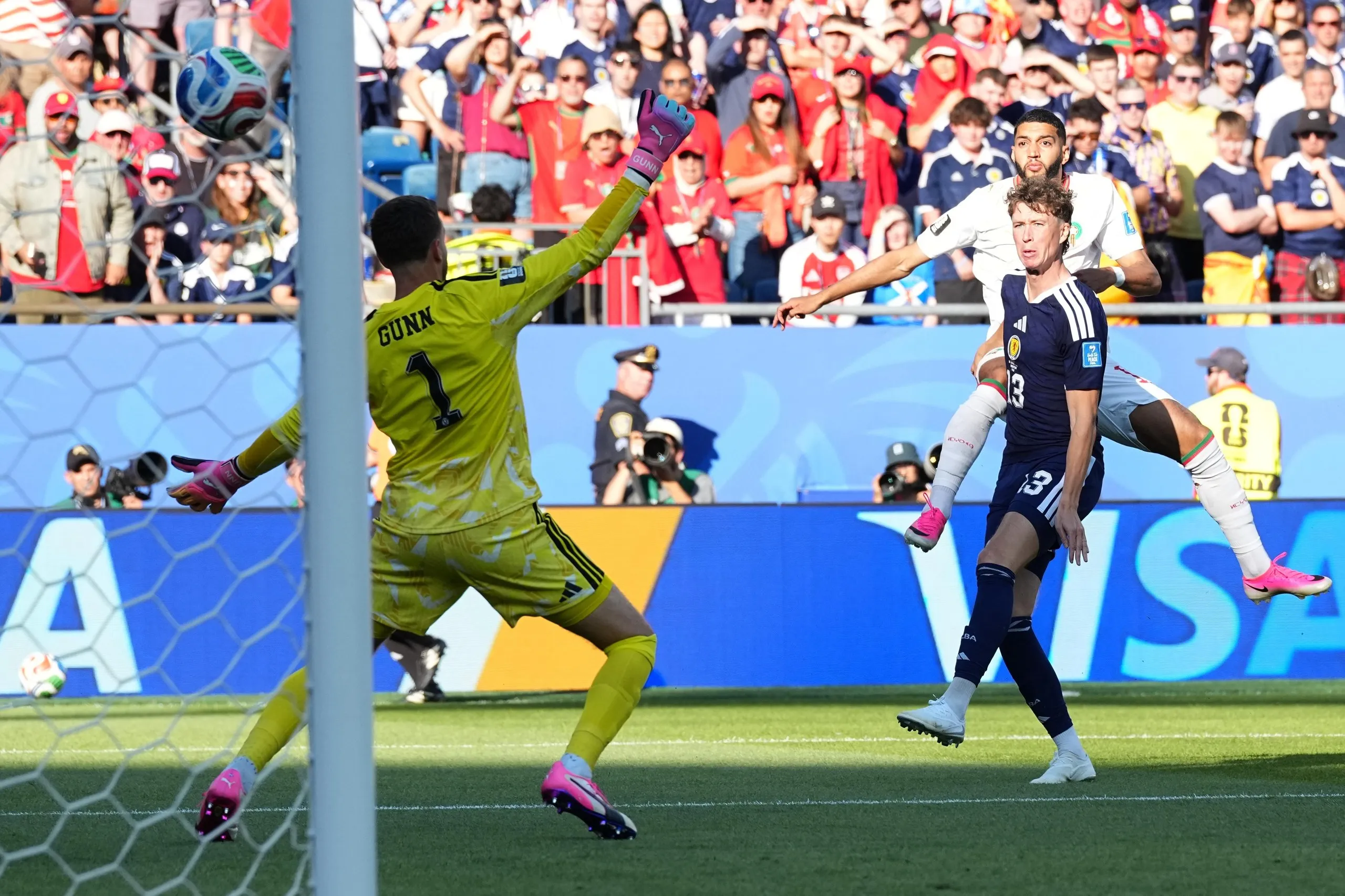 Morocco’s Ismael Saibari hammers a strike past Angus Gunn in the Scotland goal