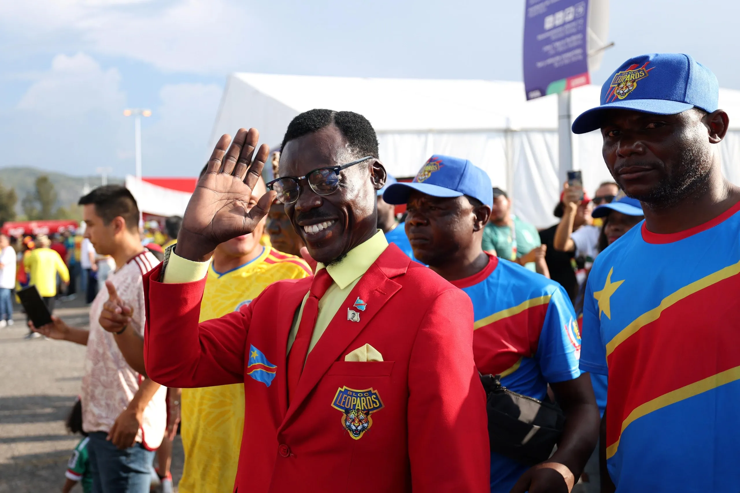 DR Congo fan Michel Nkuka Mboladinga, also known as Lumumba Vea, arrives at the stadium.