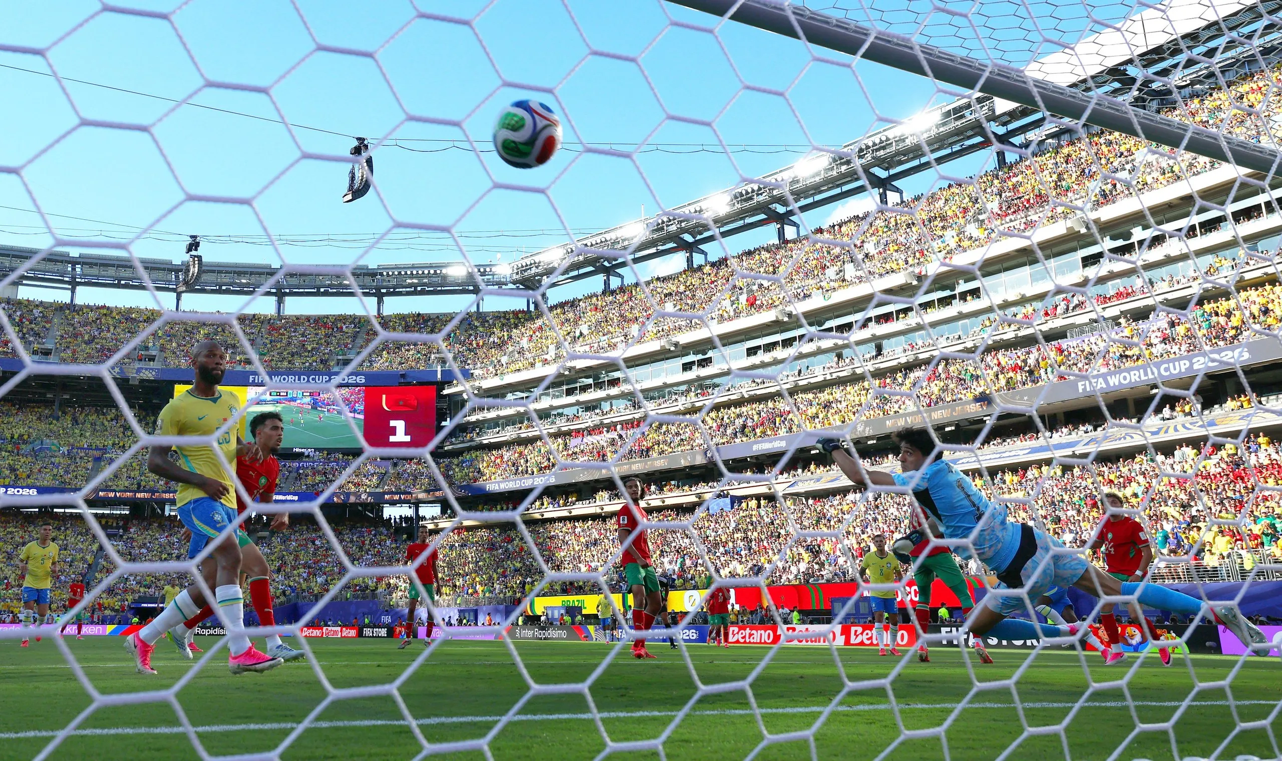A view from behind the Morocco goal as Vinícius Júnior (not pictured) equalises at the New York/New Jersey Stadium