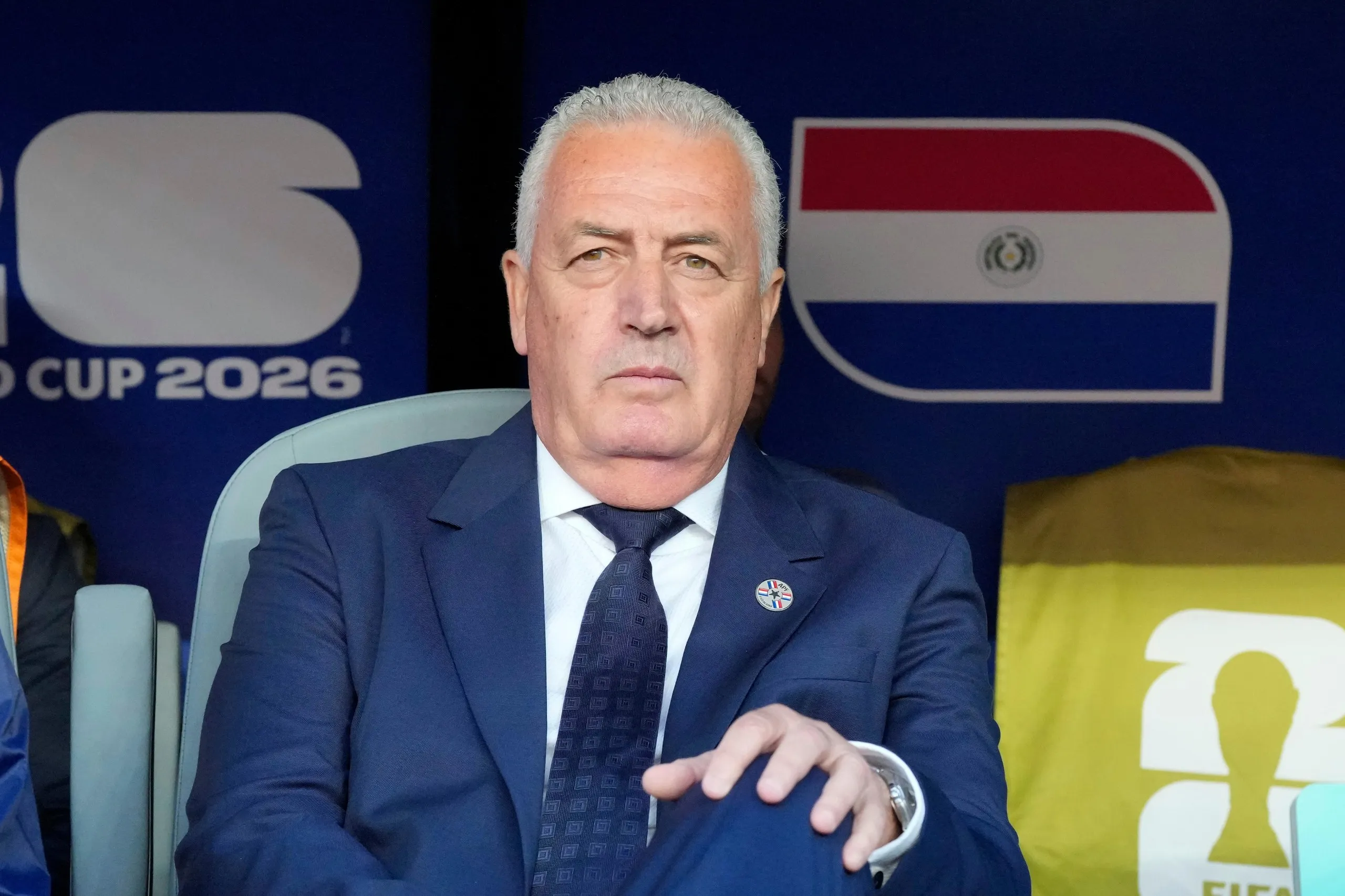 Paraguay head coach Gustavo Alfaro reacts.