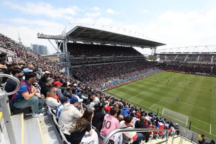 A view of fans sitting in the temporary stands installed at Toronto’s BMO Field.