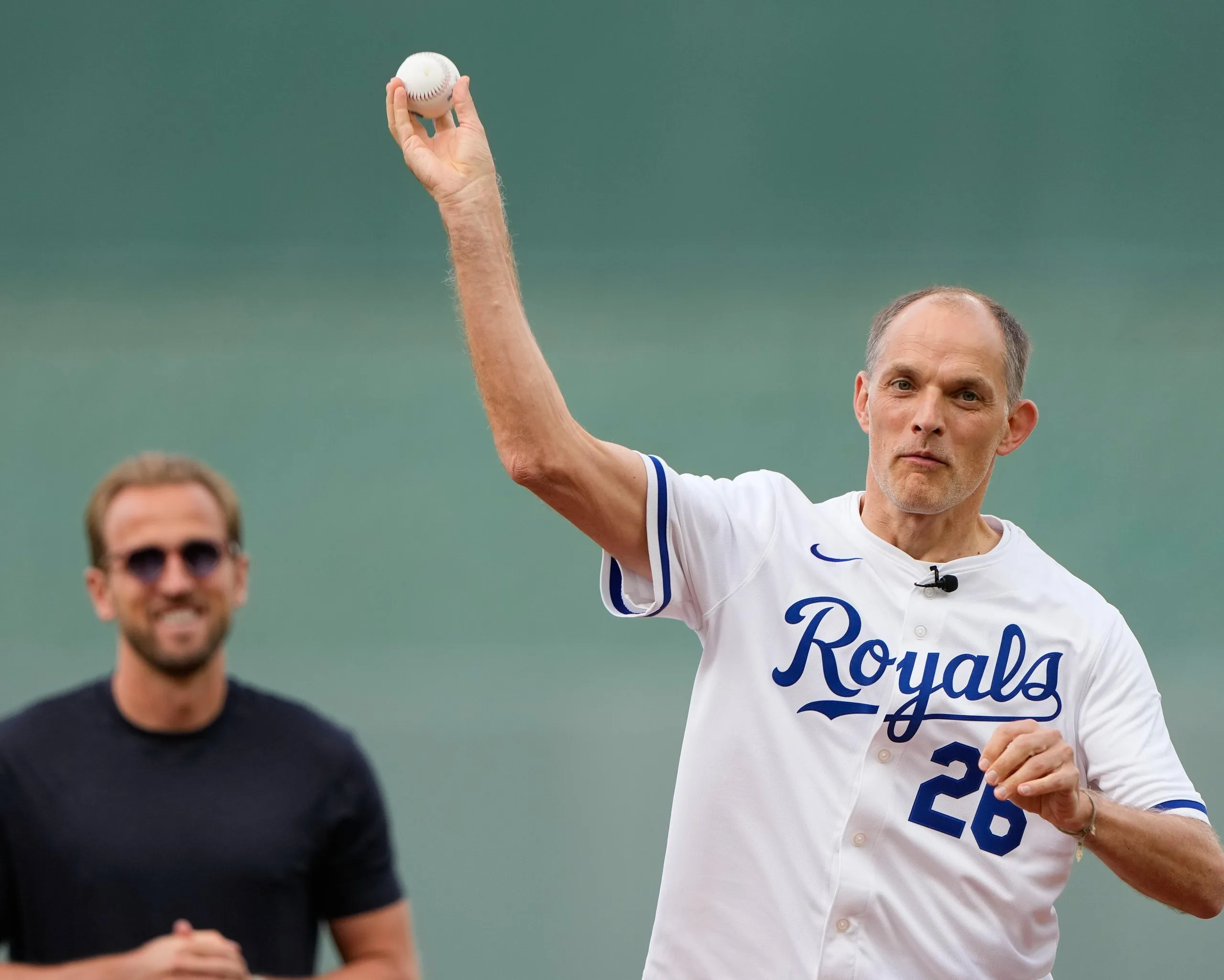 Thomas Tuchel throws the first pitch with Harry Kane watching on.