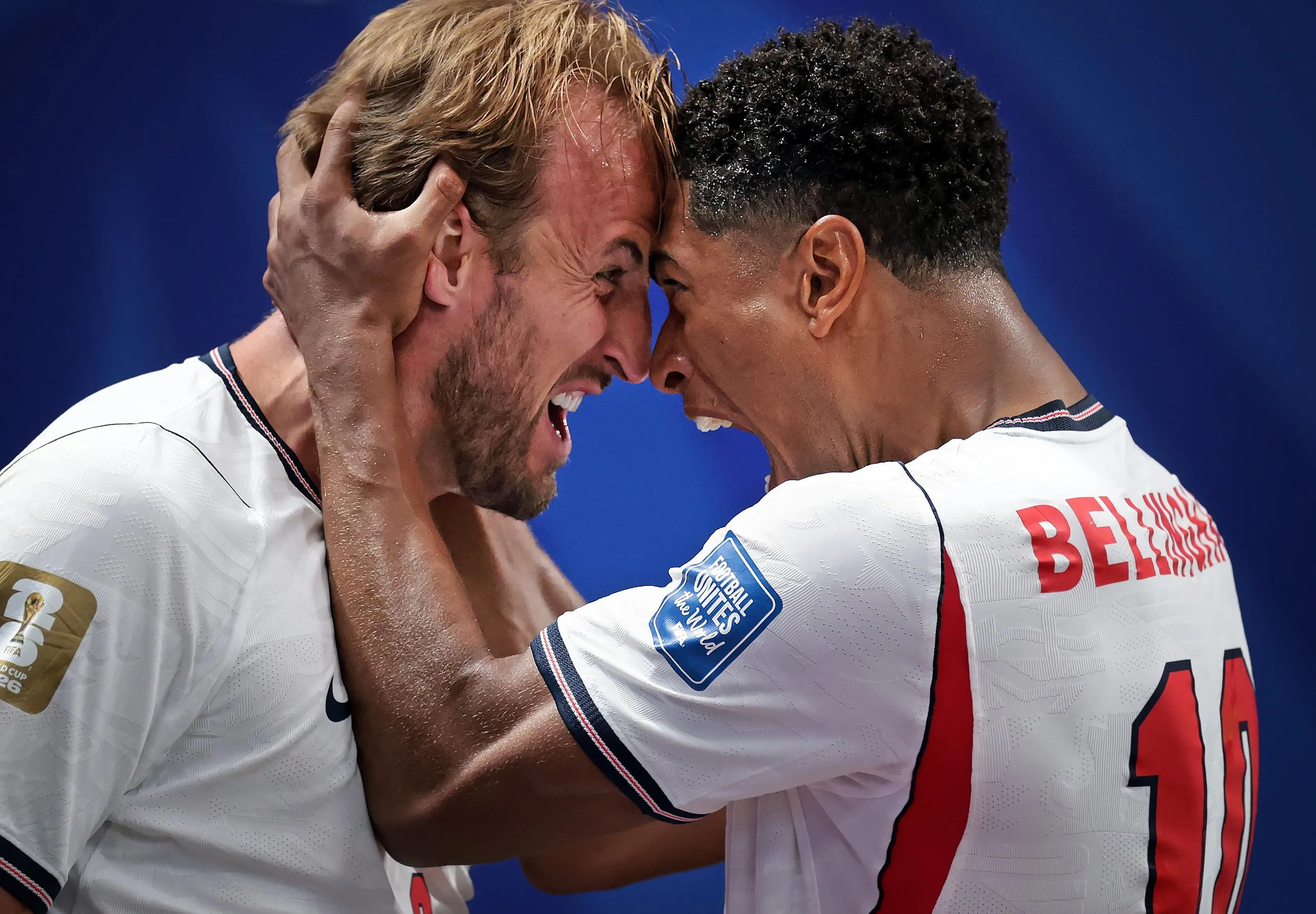 Harry Kane and Jude Bellingham of England celebrate against DR Congo at Atlanta Stadium.