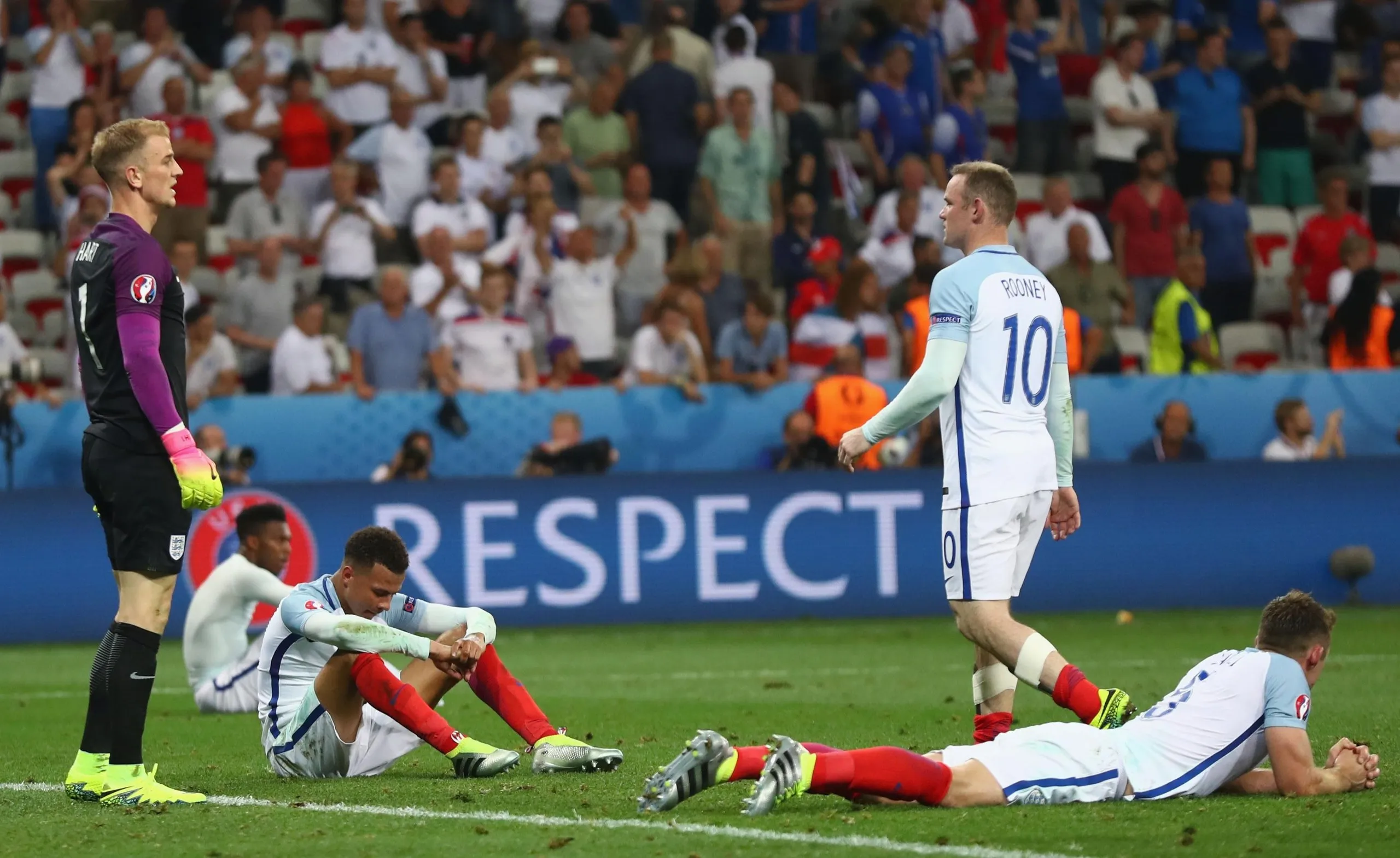 Joe Hart and Wayne Rooney are among the England players dejected in defeat by Iceland at Euro 2016.