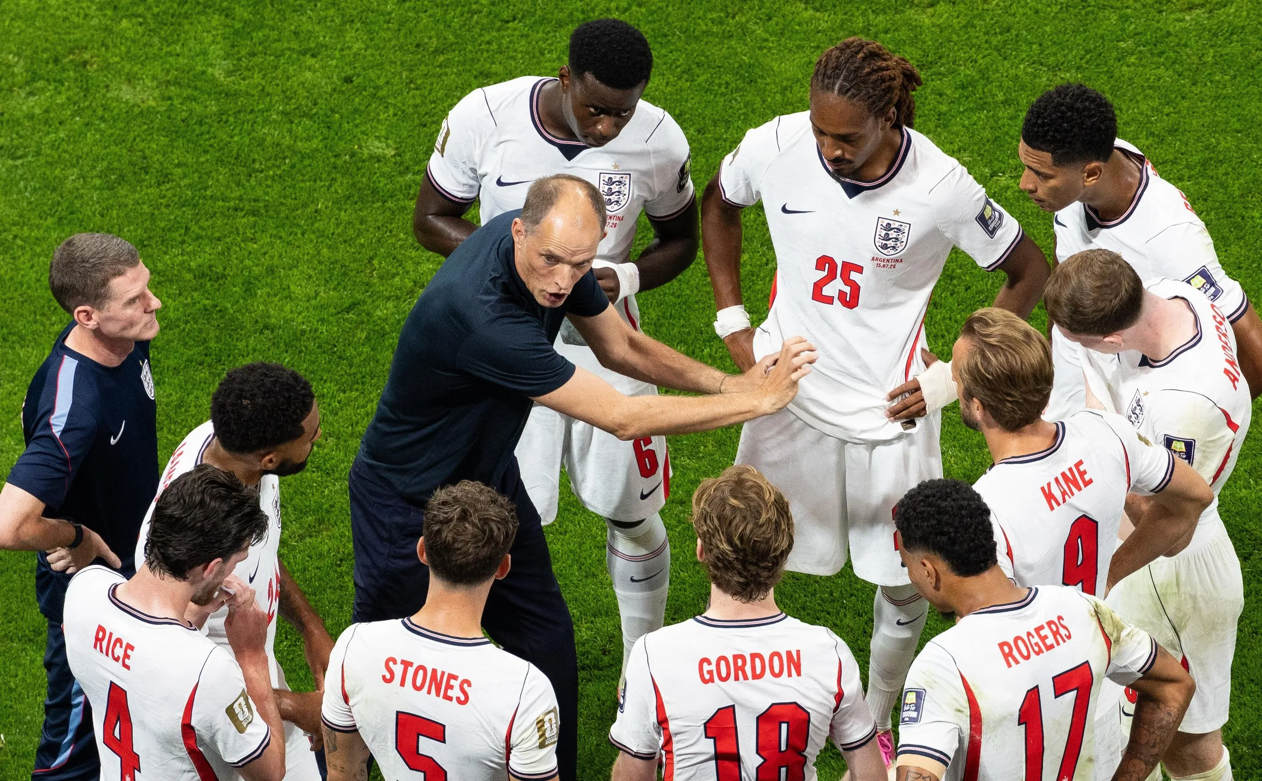 Thomas Tuchel talks to his England players in a hydration break during the World Cup semi-final.