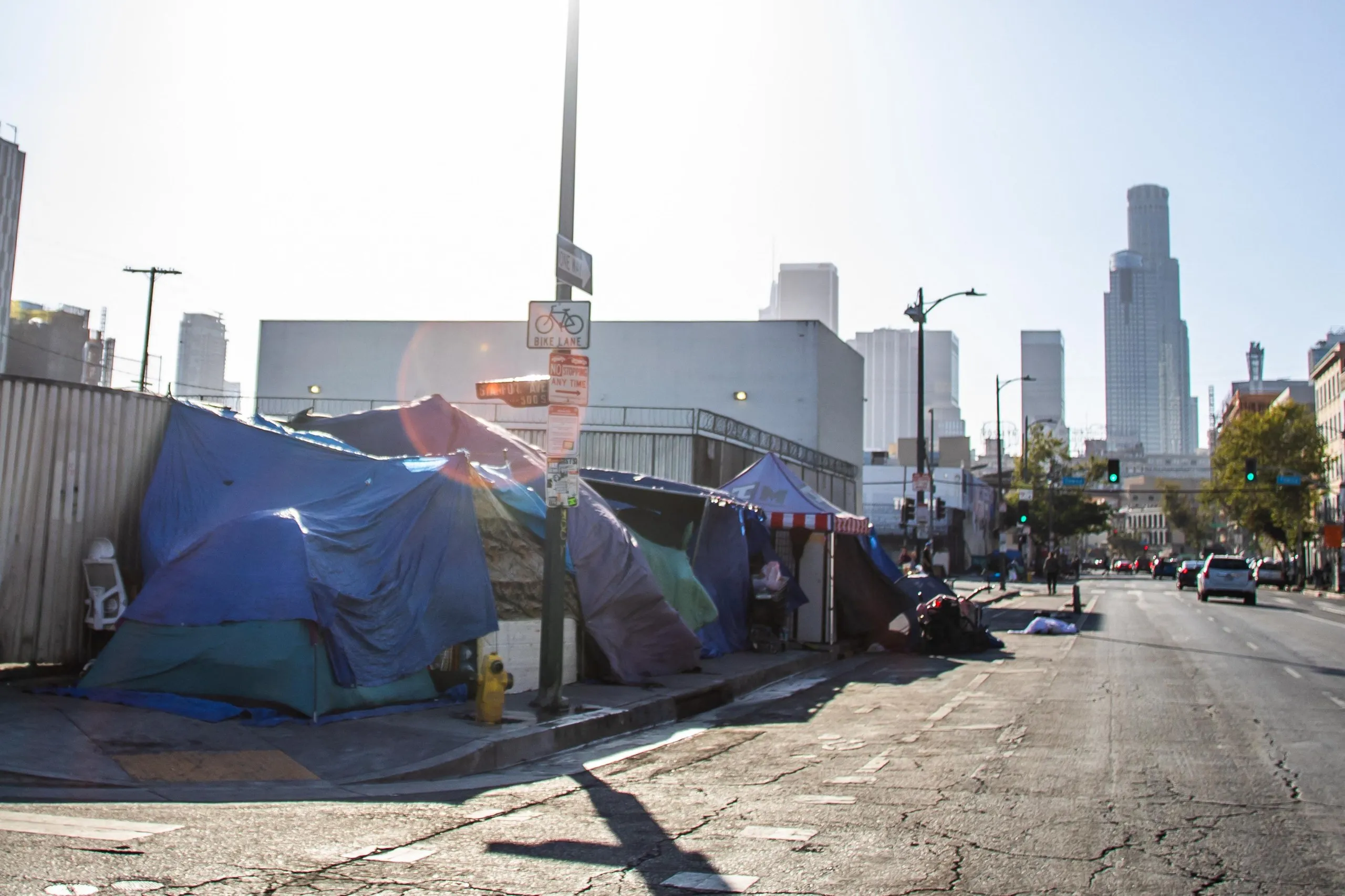 Homeless tents in the Skid Row area of downtown Los Angeles.